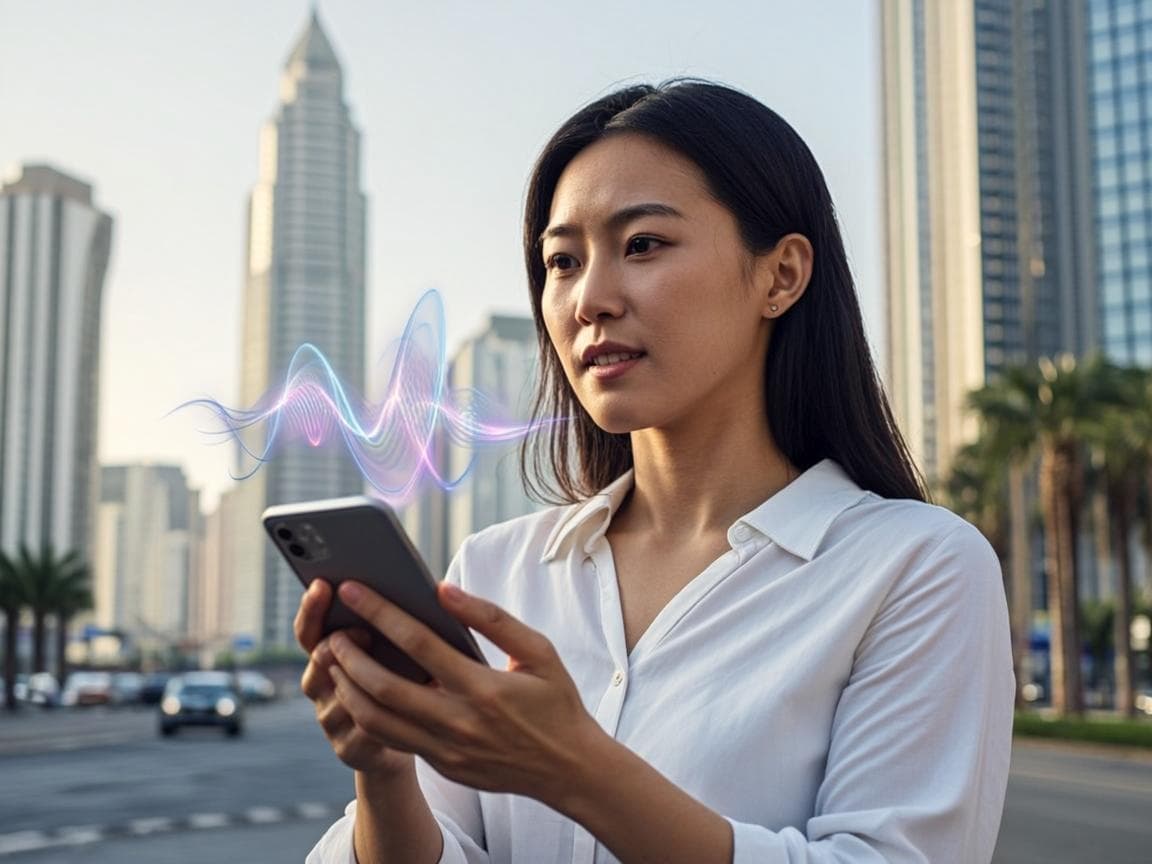 A Dubai resident asking a voice assistant a question, with sound waves visualised against the skyline