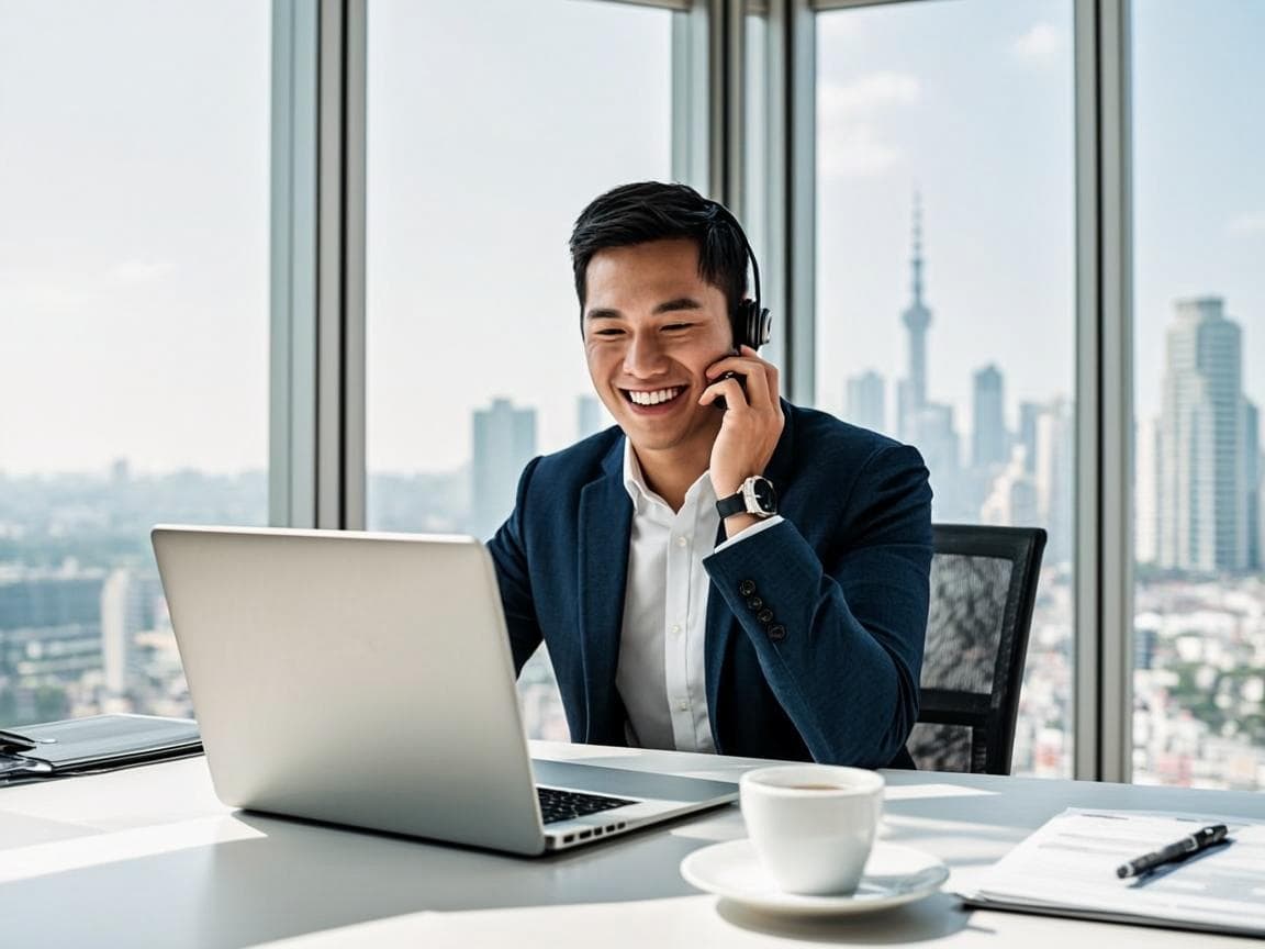 An Arab SEO strategist taking a client call at the studio