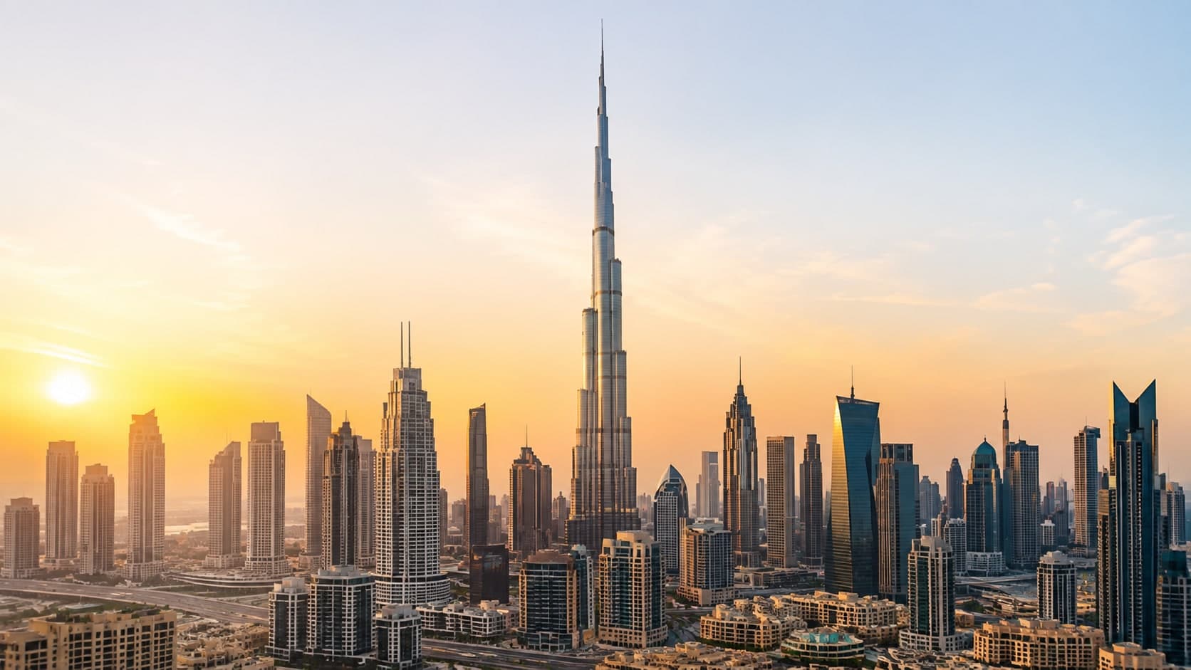منظر بانورامي لأفق دبي وبرج خليفة عند شروق الشمس