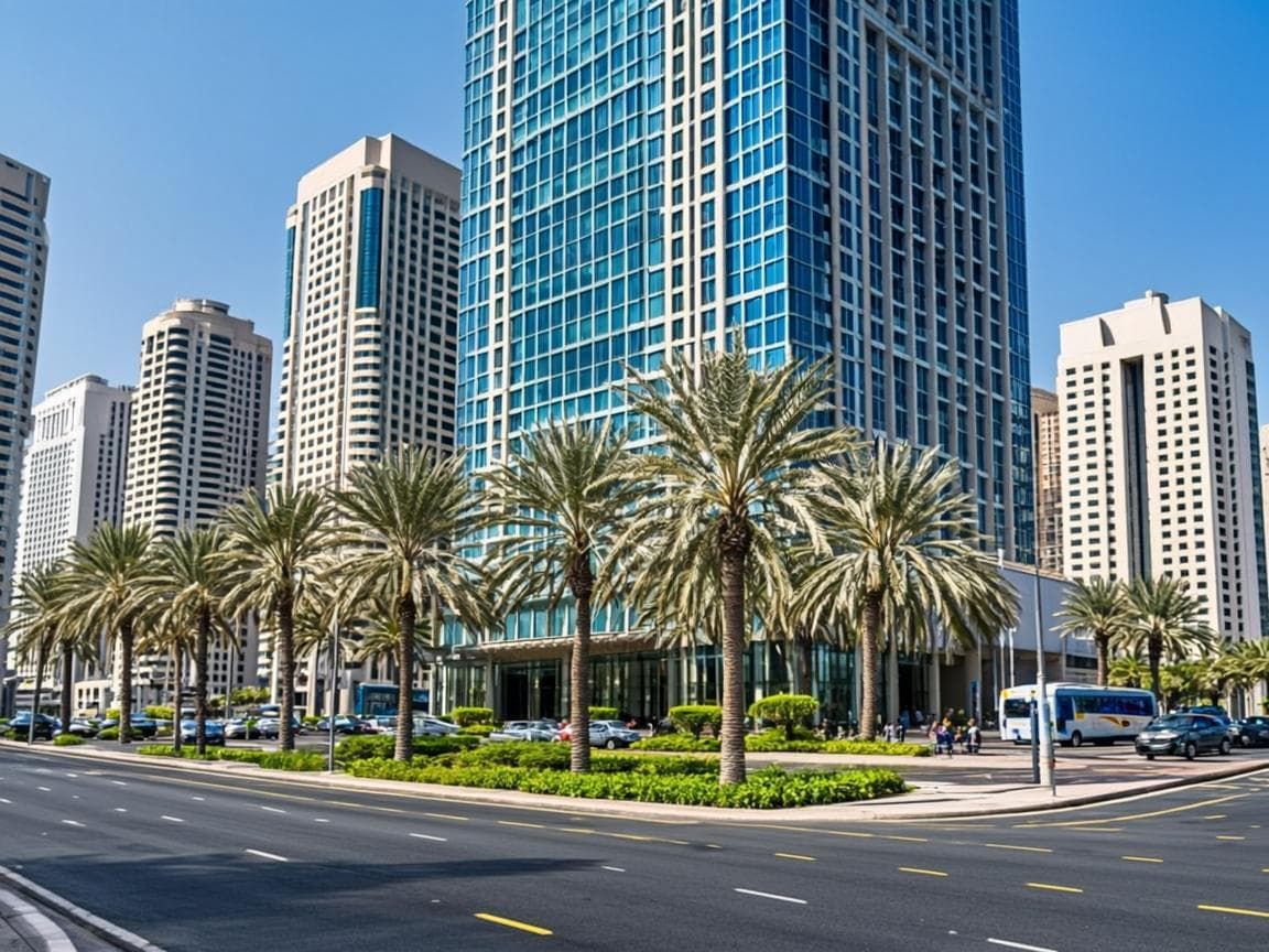 Modern Dubai free-zone district with palm trees and glass office towers