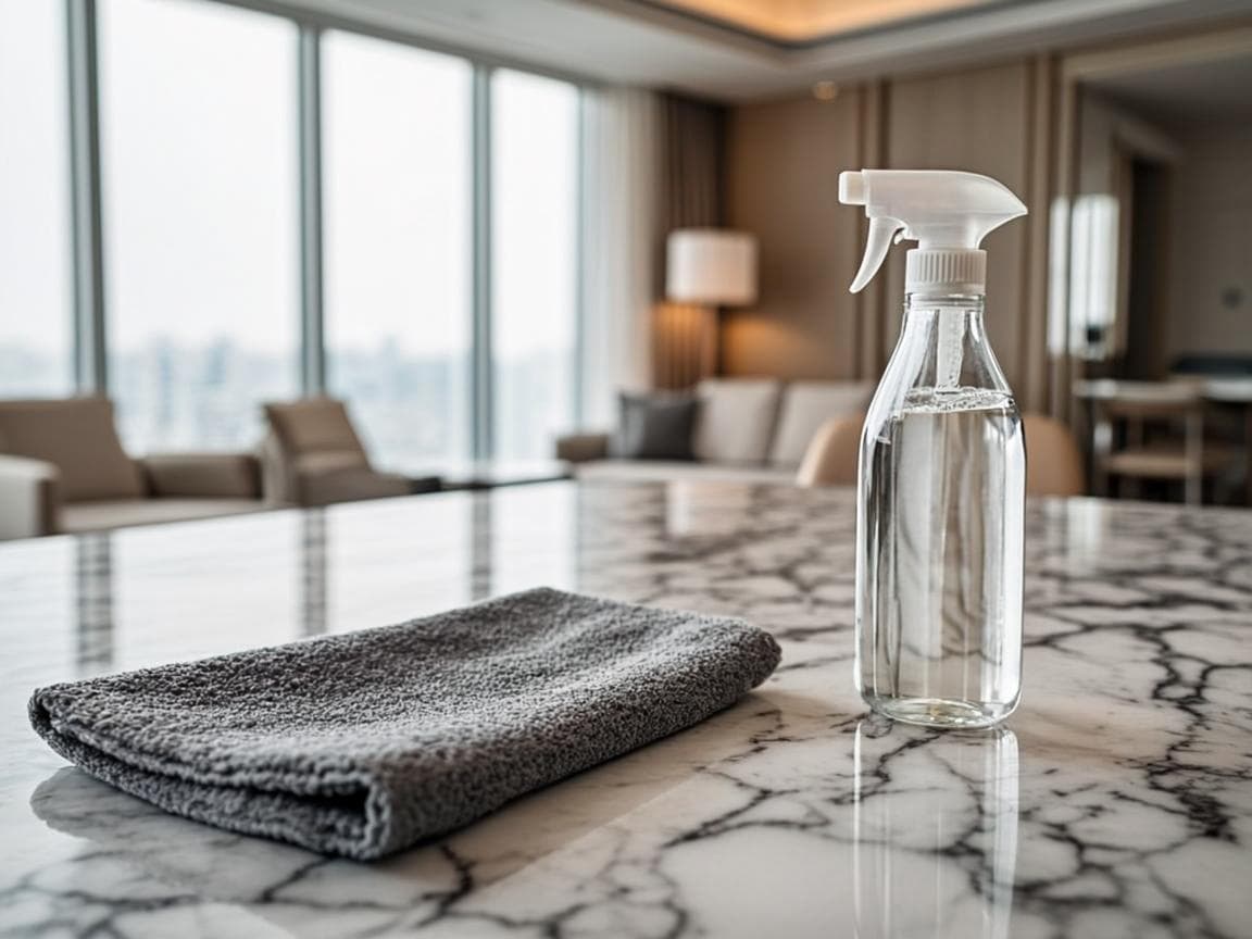 Sparkling clean marble kitchen counter wiped with a microfibre cloth in a luxury Dubai apartment