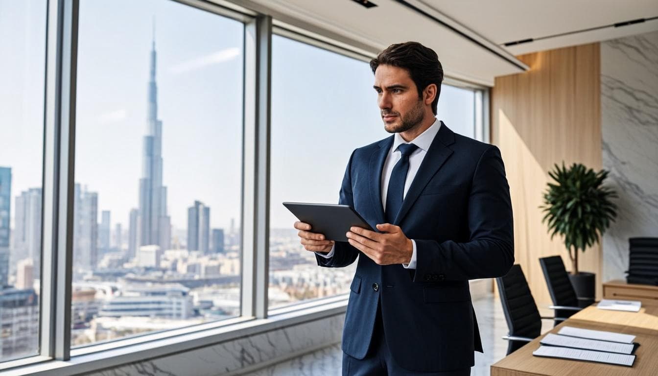 Cleaning supervisor with a tablet inspecting a spotless modern office space in a Dubai high-rise