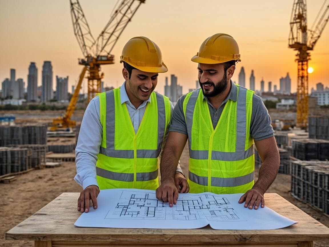 Engineers in safety vests reviewing construction drawings on a Dubai site