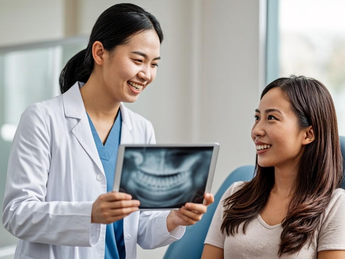 Dentist in a Dubai clinic showing an x-ray on a tablet to an attentive patient