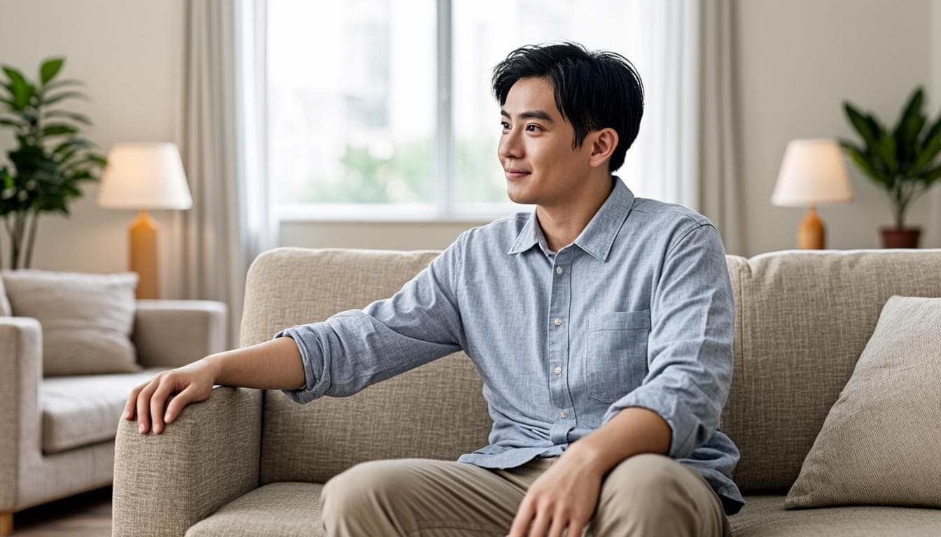 Relaxed patient waiting in a modern Dubai dental clinic reception lounge
