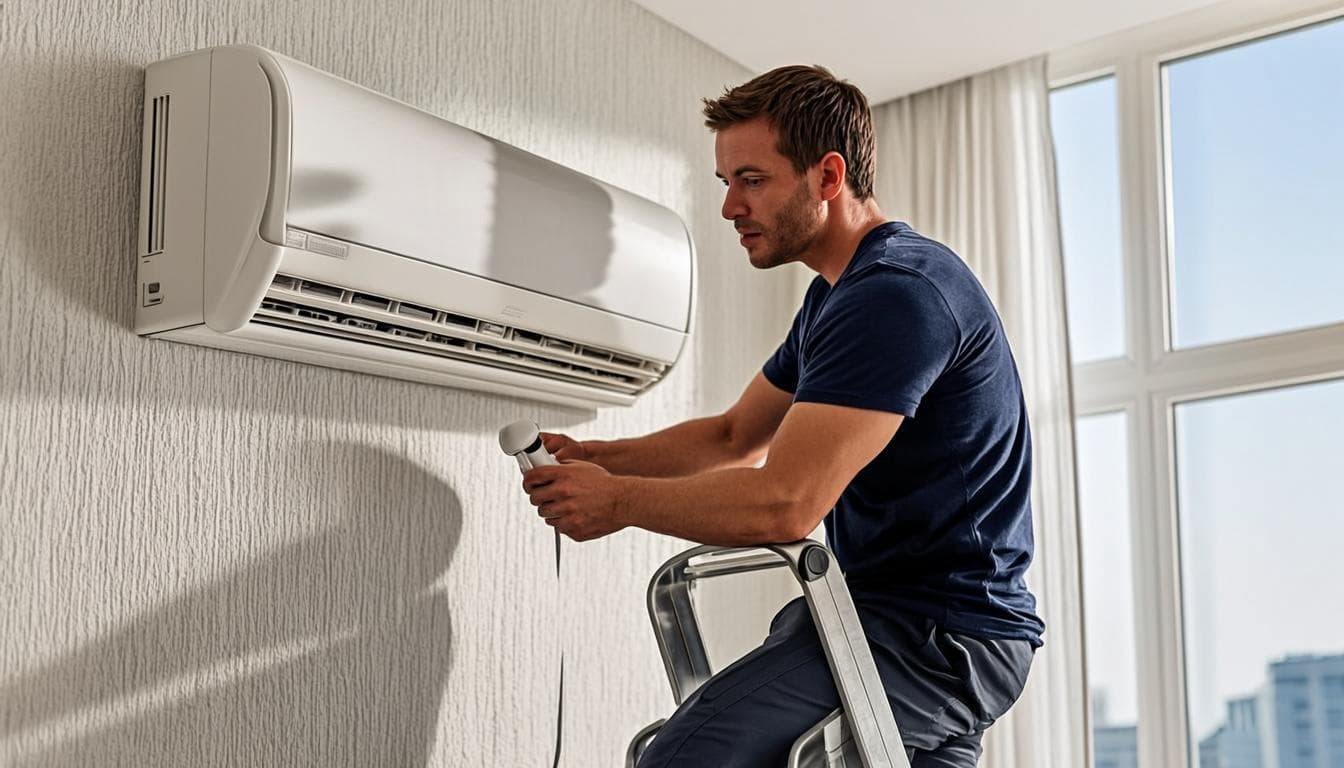 AC technicians installing a condenser unit outside a Dubai residential building