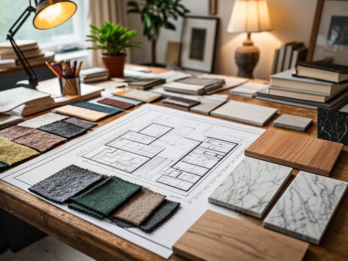 Meem & Oak’s studio worktable near Alserkal Avenue — material swatches, fabric samples and a floor plan feeding the project case pages behind the gallery architecture