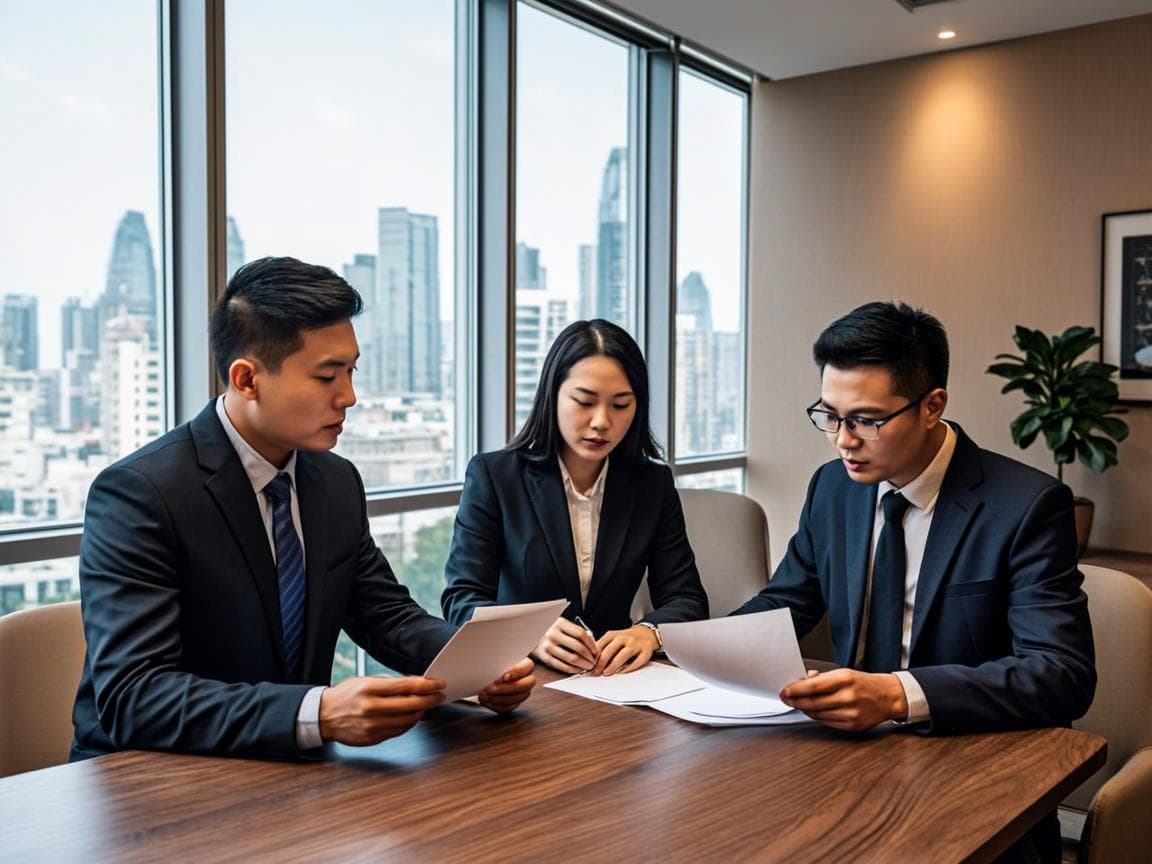 Counsel’s desk in a DIFC office — contract files, law books and a skyline view — the working setting behind Sahm & Partners’ bilingual practice guides