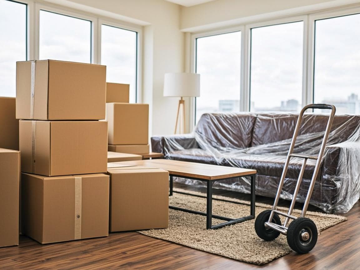 Movers wrapping furniture and packing cartons in a Dubai apartment