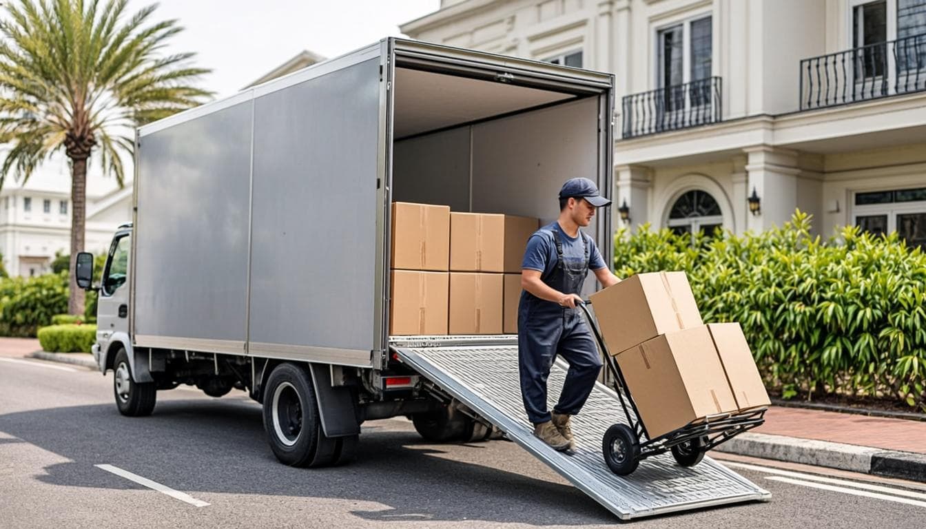 Packed moving boxes and a cargo plane overhead before an international relocation