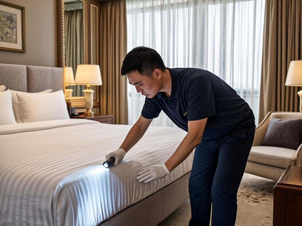 Pest control inspector examining a hotel room mattress during a bed bug inspection in Dubai