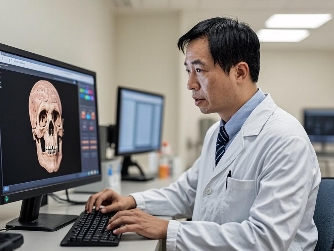 Consultant reviewing a three-dimensional facial analysis on a monitor during pre-surgical planning