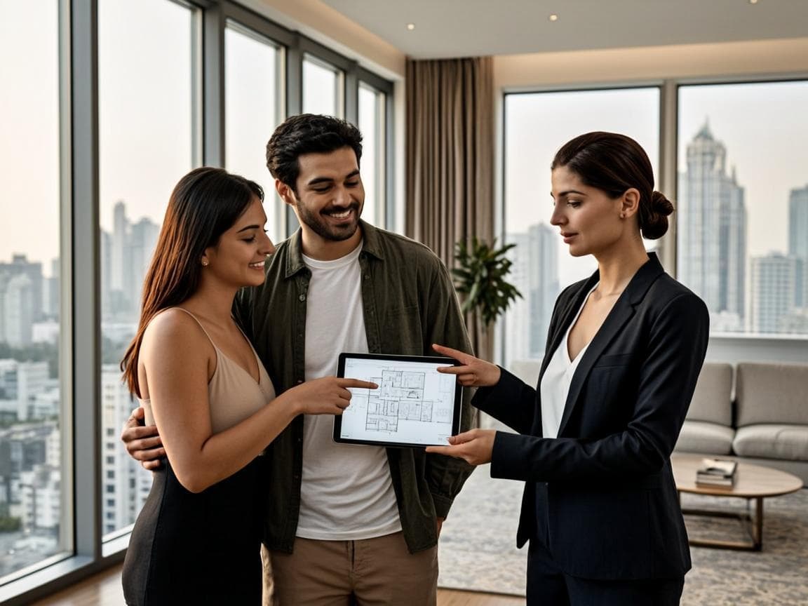 Property consultant talking a couple through floor plans at a bright Dubai office table