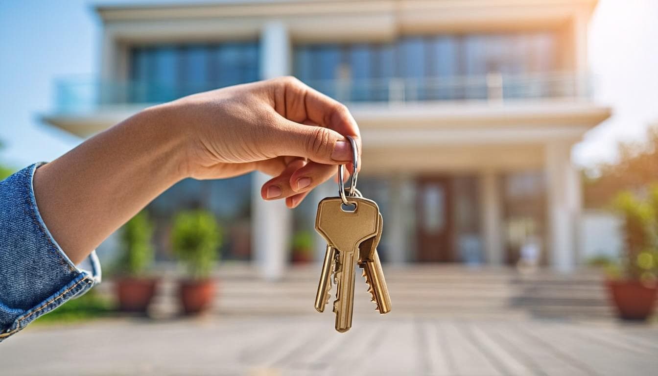 Consultant handing over house keys to new owners at a Dubai villa driveway