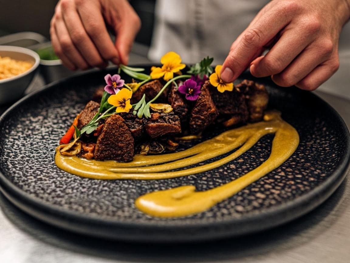 Chef plating an Arabic fusion dish in a professional Dubai kitchen