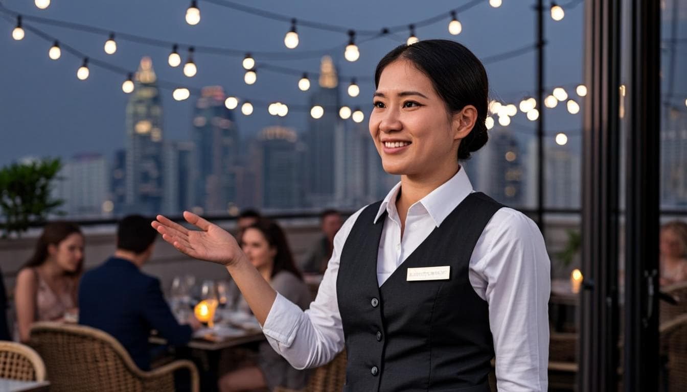 Host welcoming guests at the door of a busy Dubai bistro