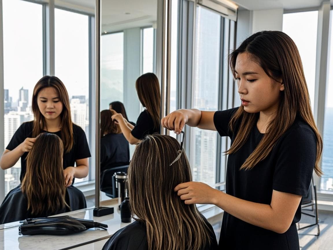 Wide editorial view of a full Dubai salon floor with every chair in service