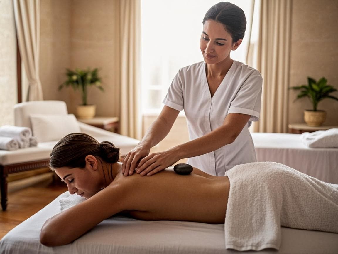 Guest settling into a steam room ritual at a Dubai spa, warm stone and quiet light