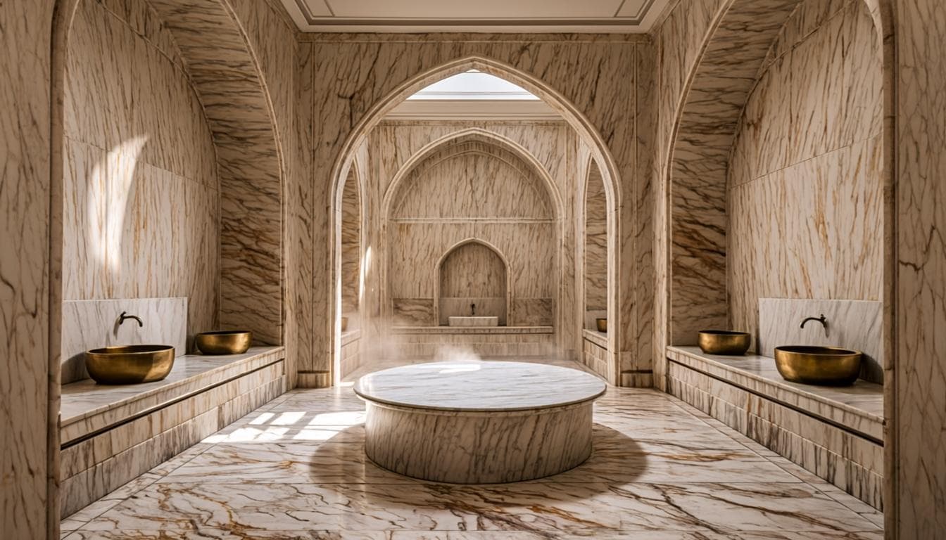 Reception of a calm Jumeirah day spa with warm timber, stone and soft evening light