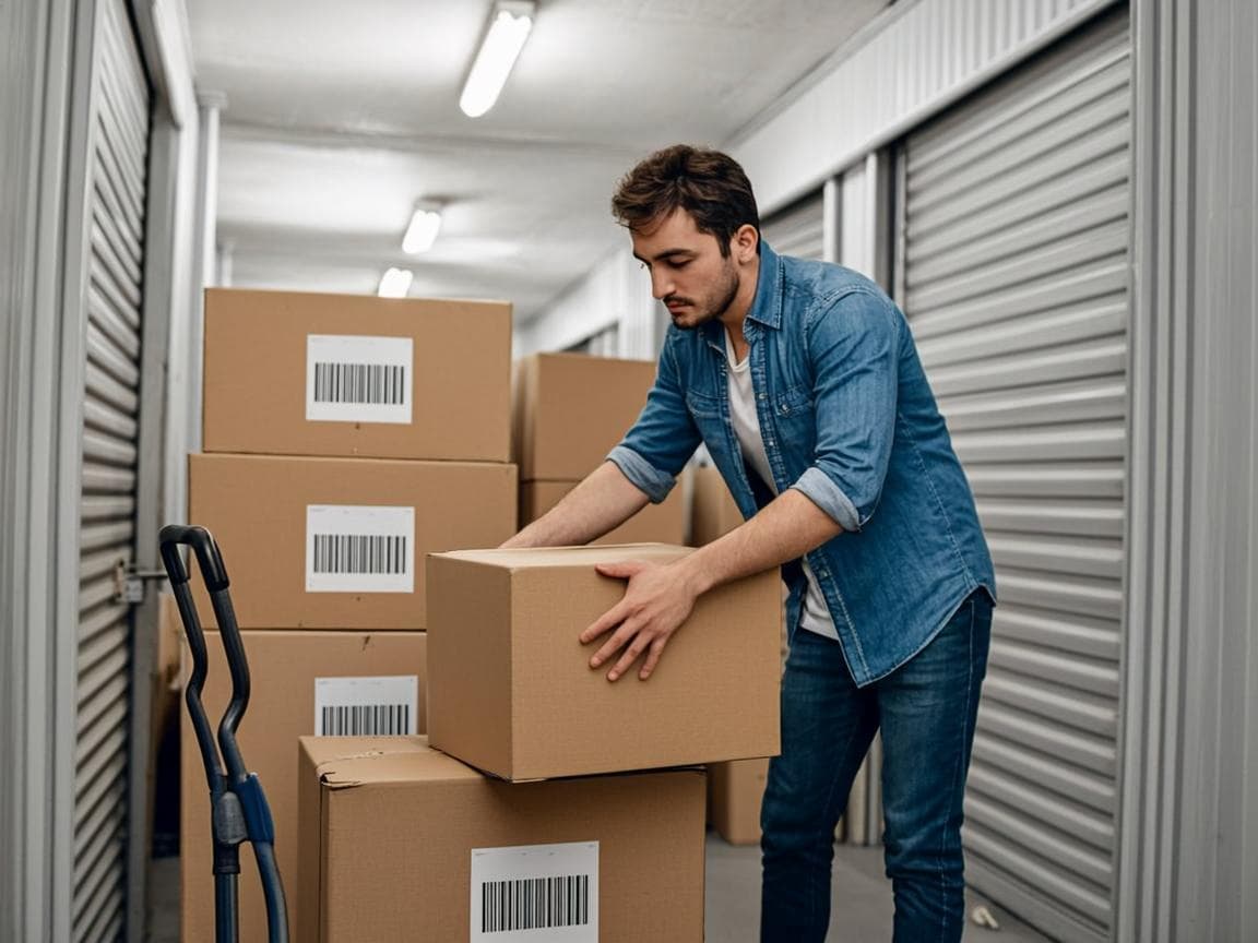 Storage operator walking between tall unit corridors inside a Dubai self-storage building