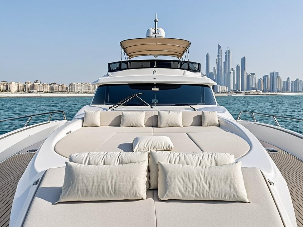 Charter crew welcoming guests aboard a polished white yacht at a Dubai berth