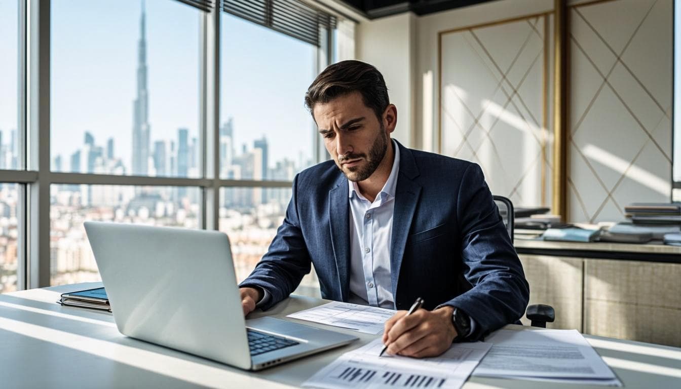 Auditor reviewing financial statements and working papers spread across a desk in a Dubai firm