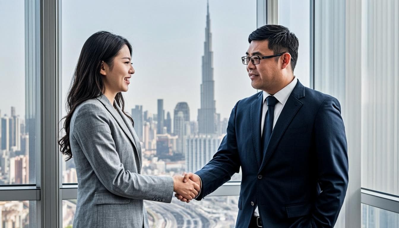 Partners of a Dubai auditing firm shaking hands with clients across a boardroom table