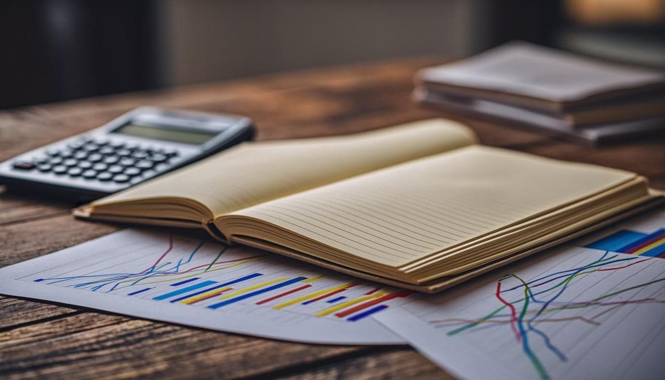 Classic ledger, calculator and financial reports arranged on an auditor’s desk in Dubai