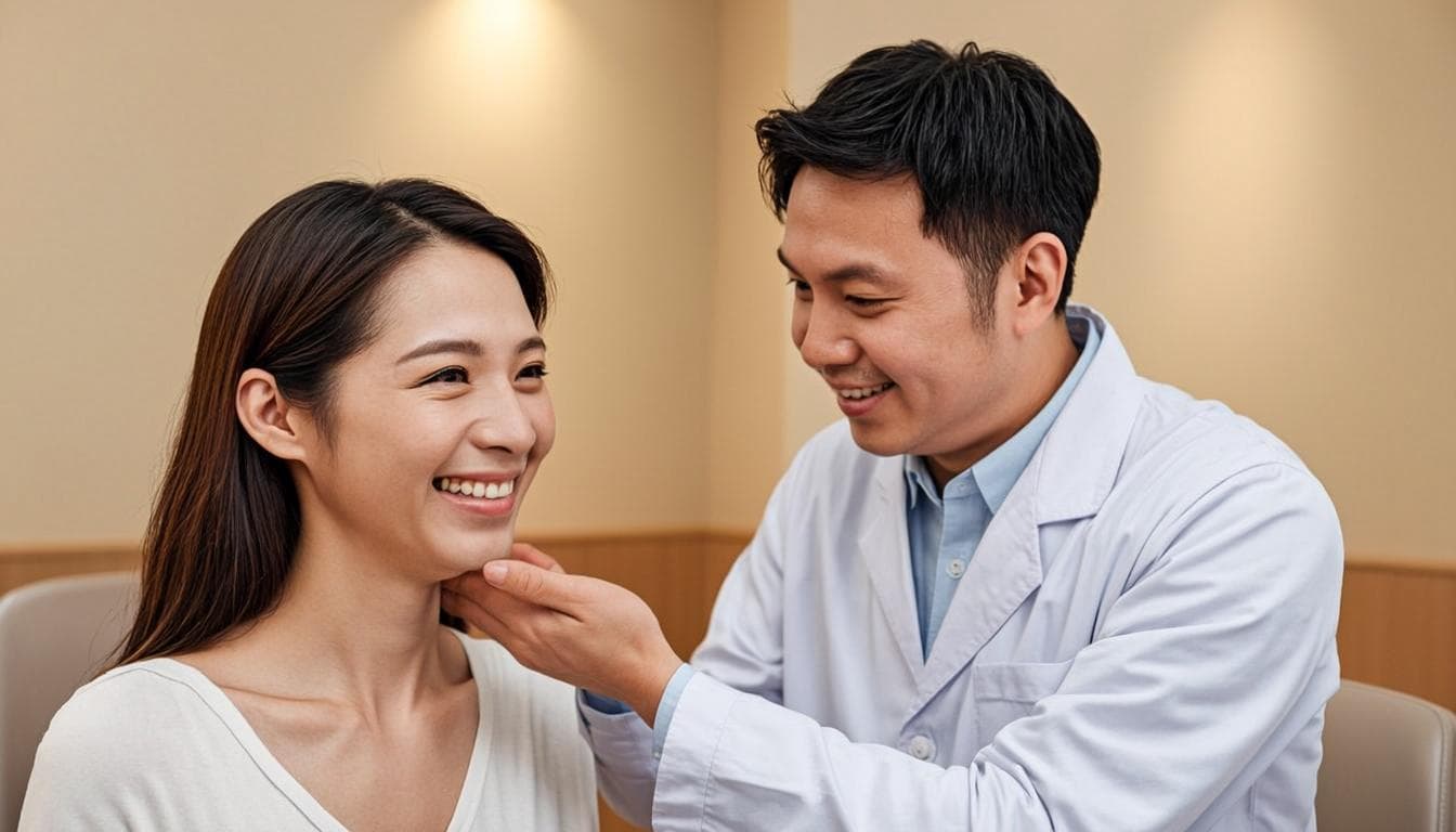 Aesthetic doctor consulting with a patient across a desk in a Dubai clinic