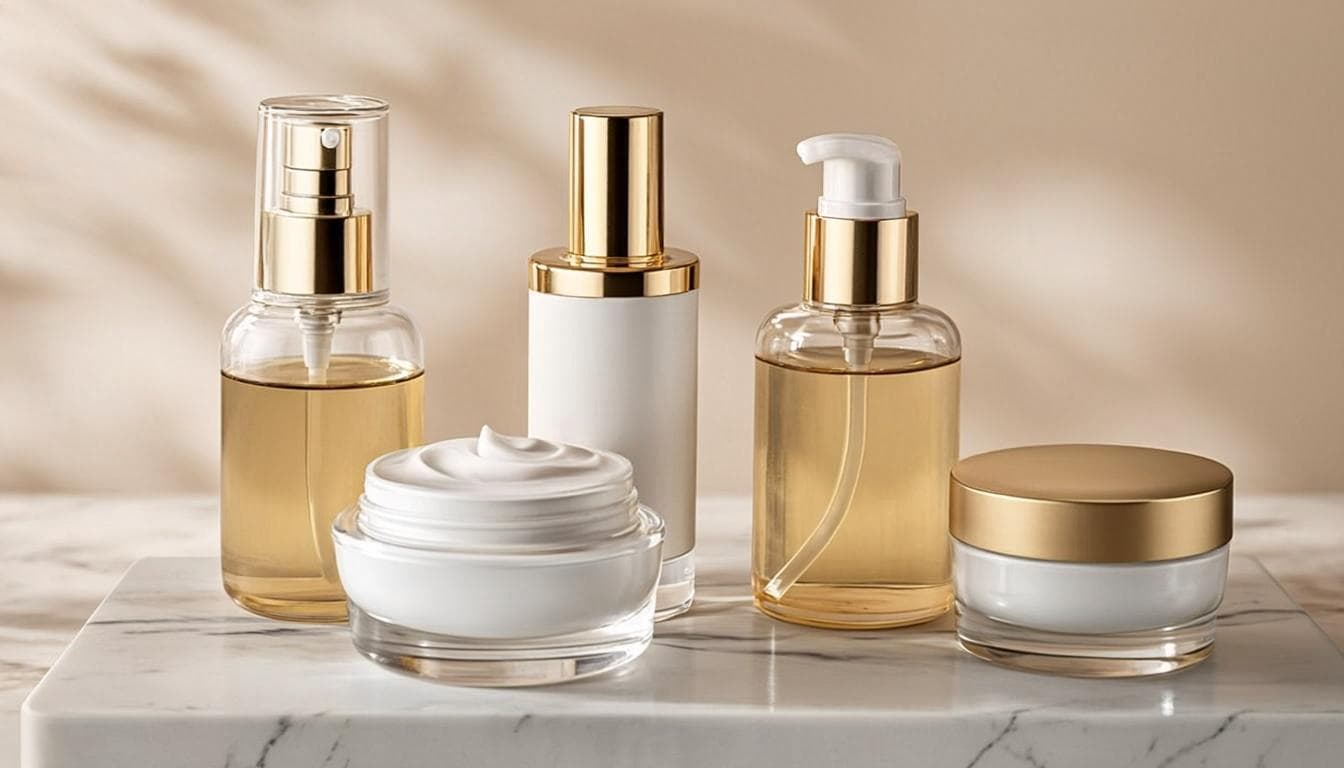 Aesthetic medicine products arranged on a marble surface in a Dubai clinic