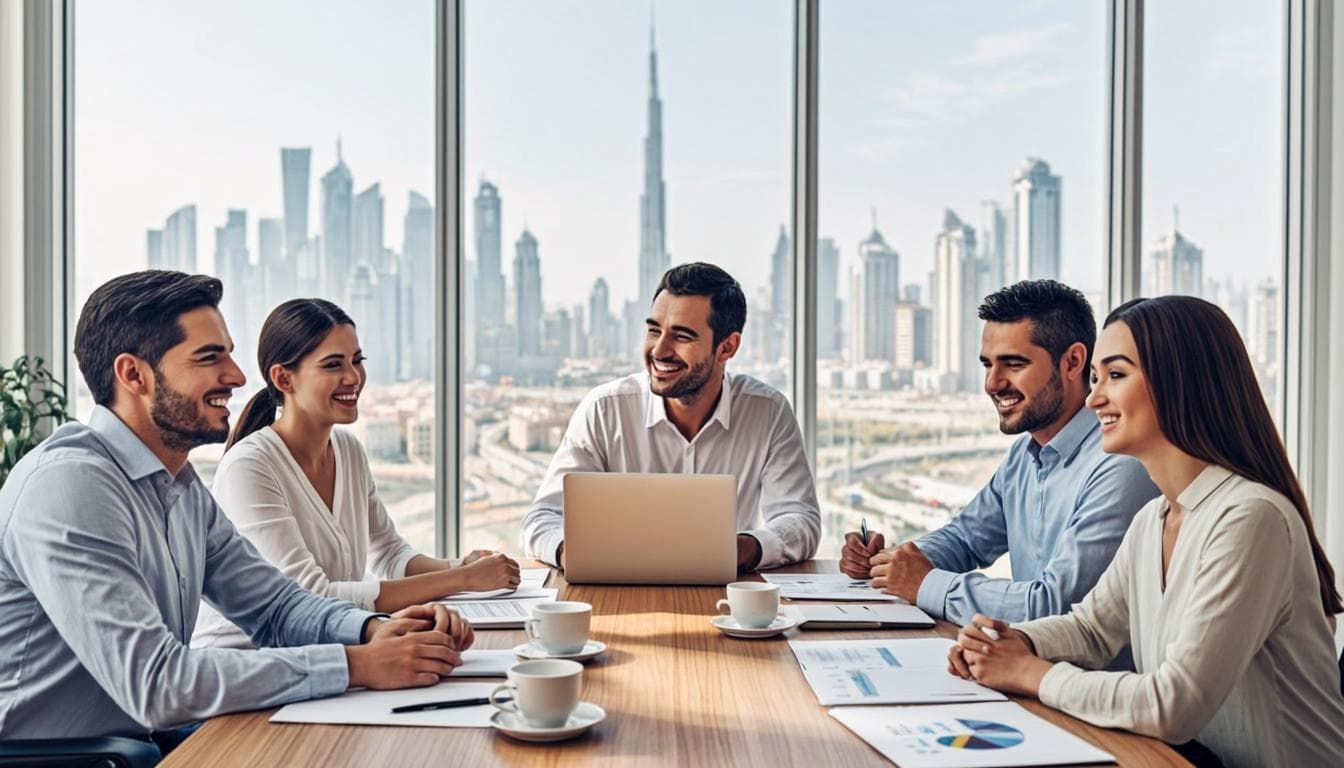 Arab SEO strategists planning an AI-surface advertising programme around a laptop in the Dubai office