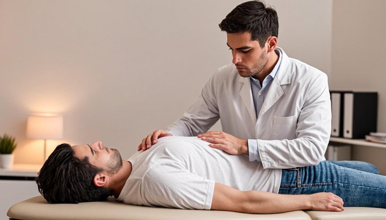 Chiropractor performing a spinal adjustment on a patient table in a Dubai clinic