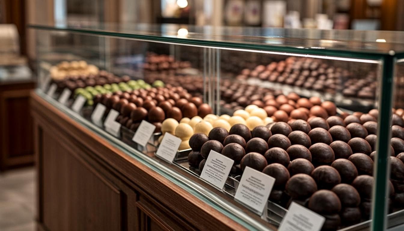Interior of a premium Dubai chocolate boutique with glass display counters of artisan bonbons