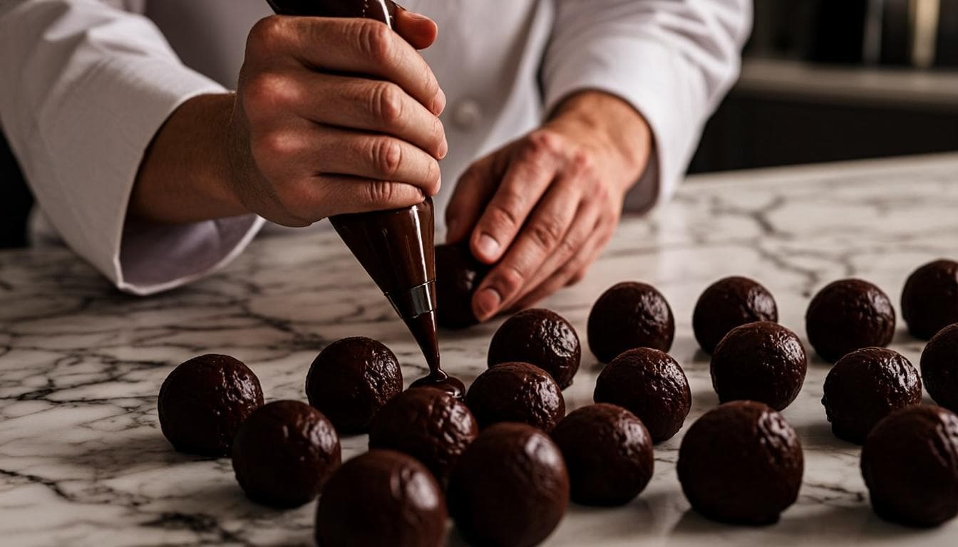 Chocolatier’s hands dusting fresh handmade truffles with cocoa powder in a Dubai atelier