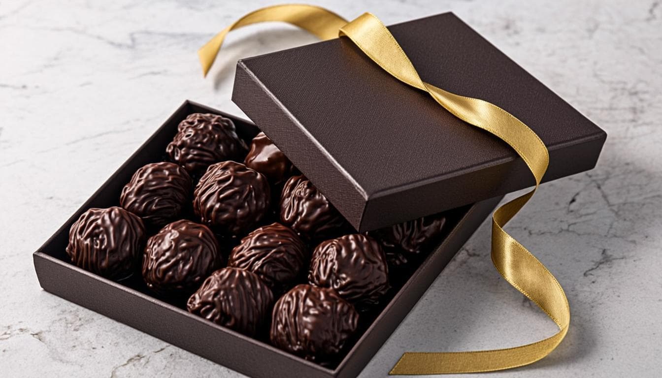 Elegant chocolate gift box with gold ribbon and assorted bonbons, ready for gifting in Dubai