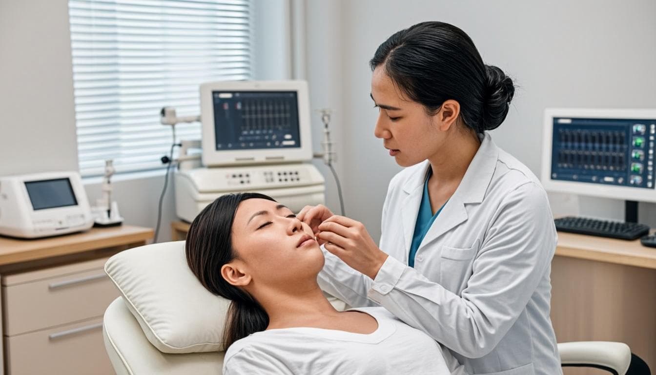 Dermatologist performing a dermatoscope examination on a patient in Dubai