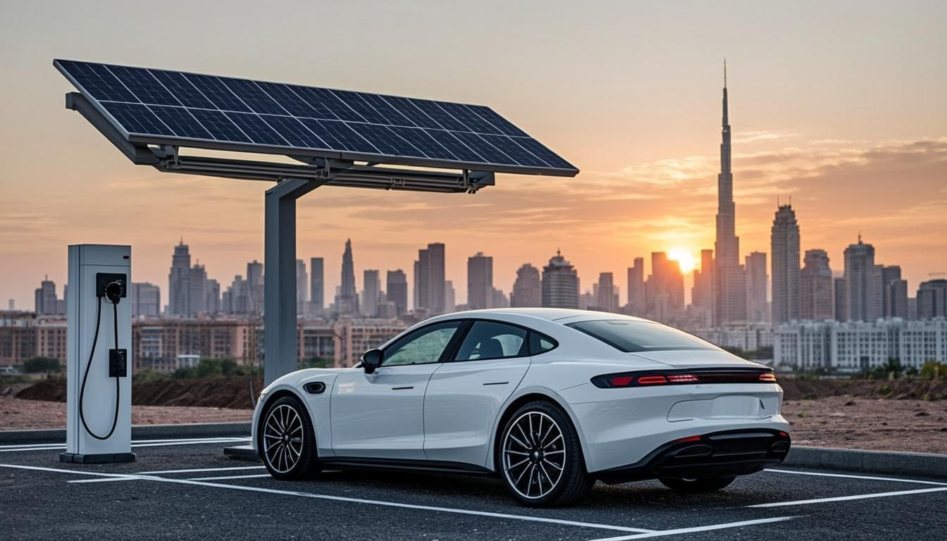 EV charging station with the Dubai skyline behind it — the stations SEO puts on the map