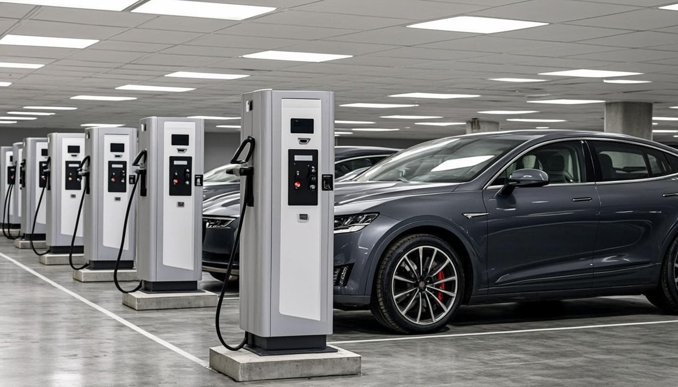 Row of EV chargers in a Dubai mall garage — one location page per cluster keeps each bay busy