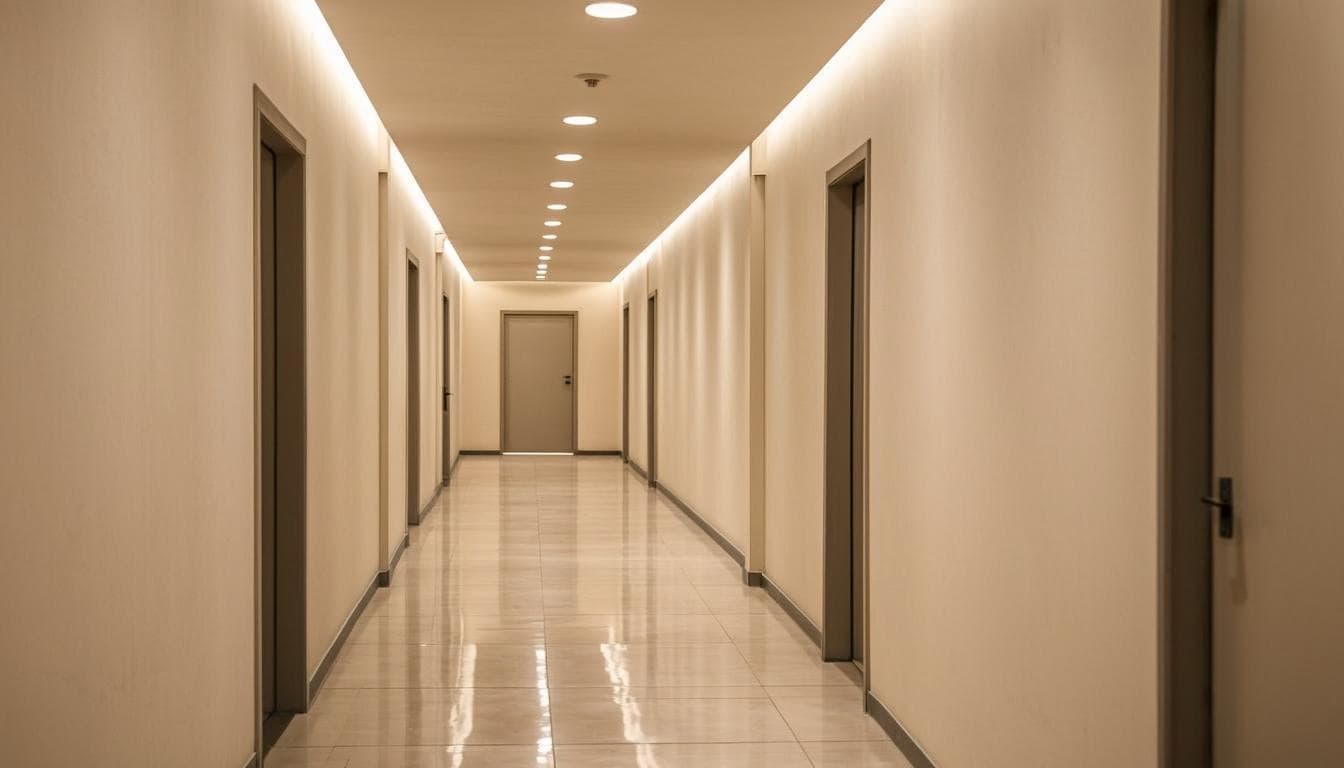 Warm, quiet corridor of a fertility clinic in Dubai
