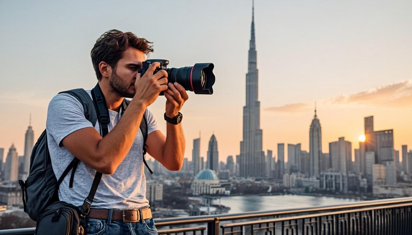 Photographer shooting the Dubai skyline at golden hour — the commissions SEO brings in