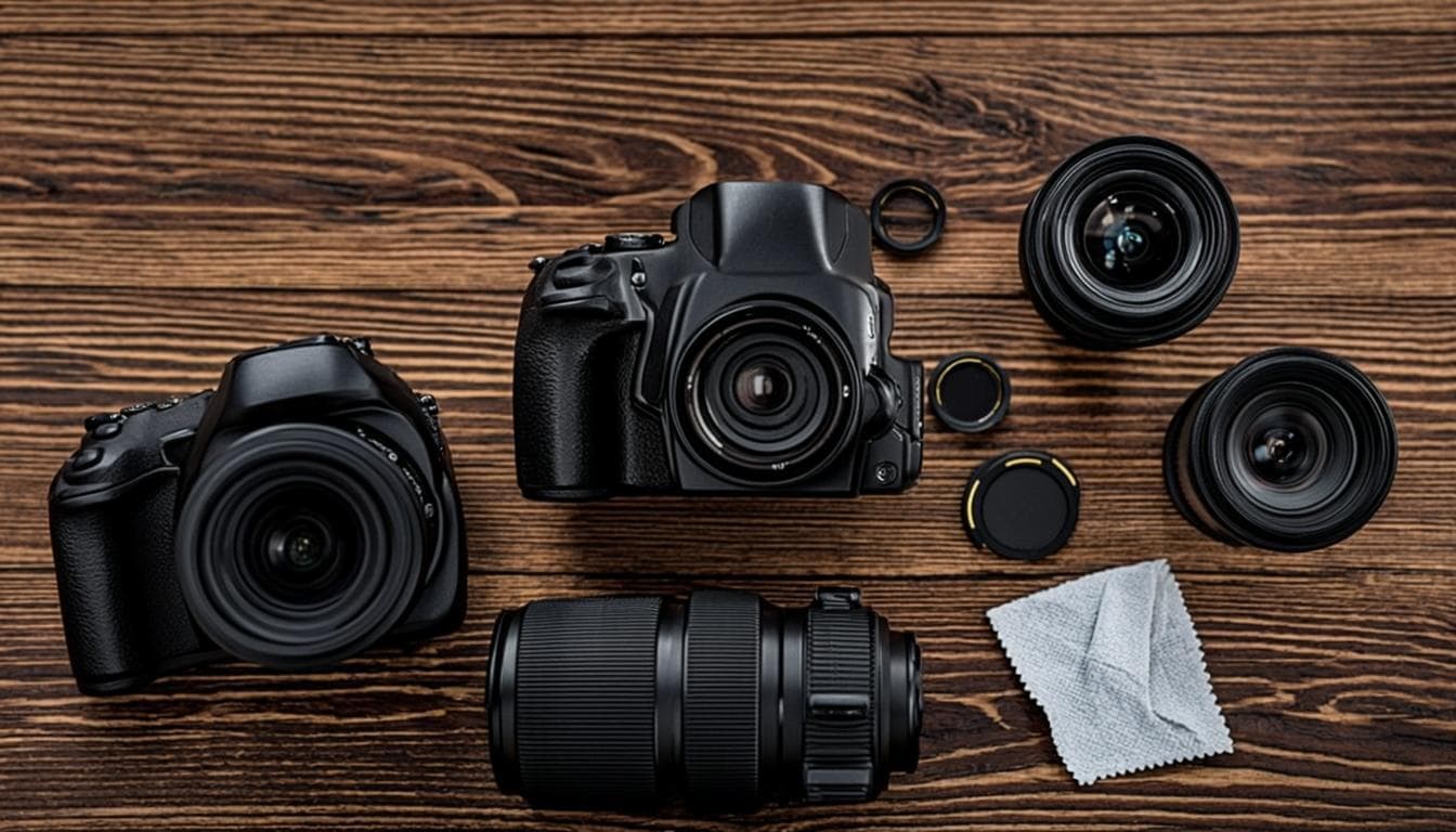 Flat-lay of professional camera gear — the kit behind every ranked Dubai studio