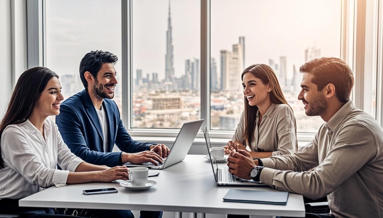 Startup founders and their SEO strategist reviewing a growth plan together in Dubai