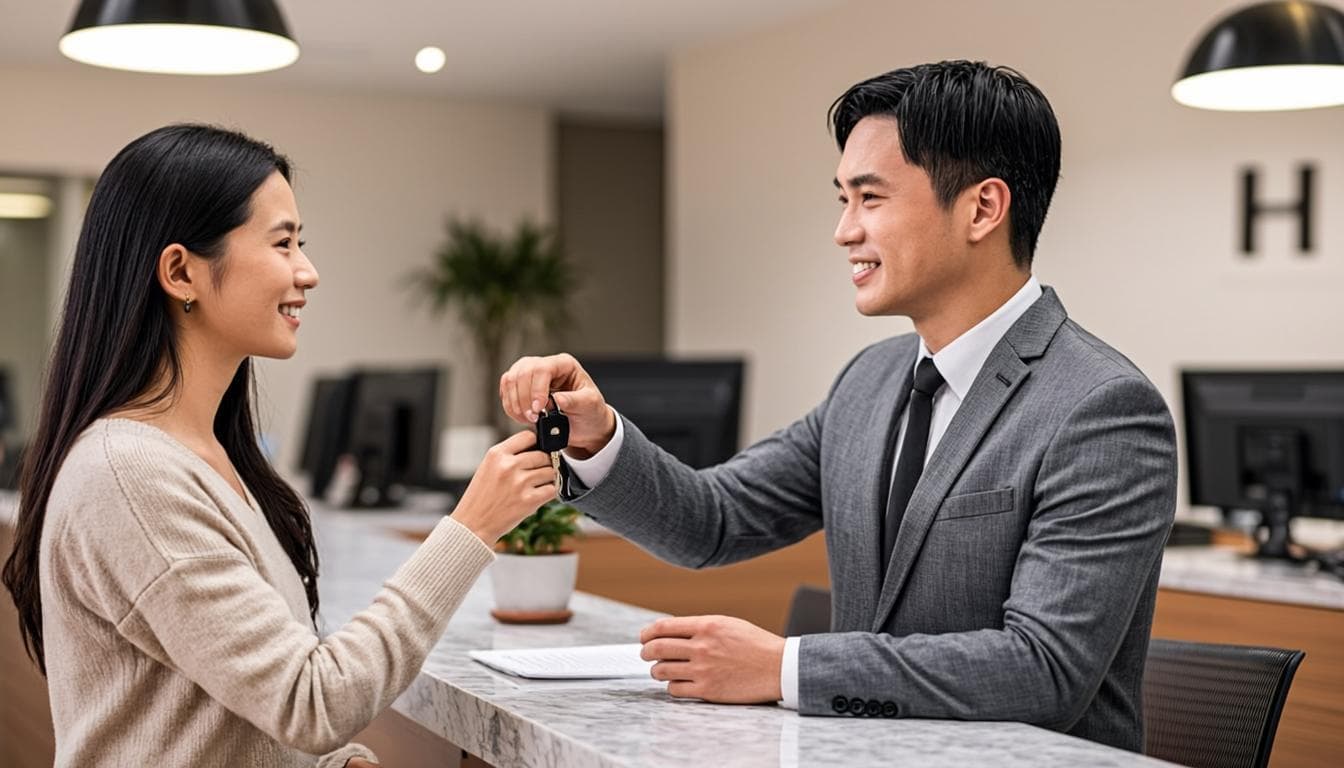 Car rental agent handing vehicle keys to a customer in Dubai