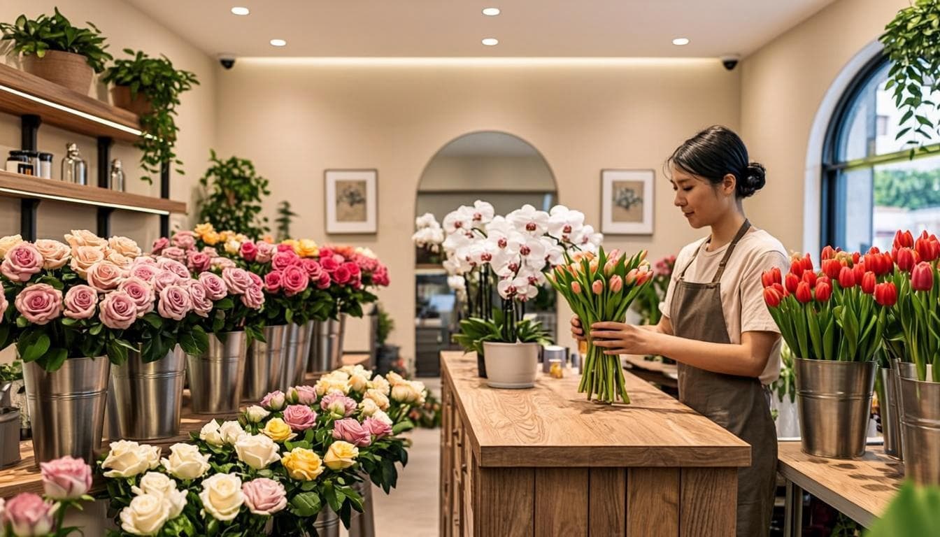 Interior of a Dubai florist shop with buckets of fresh roses, lilies and wrapping station