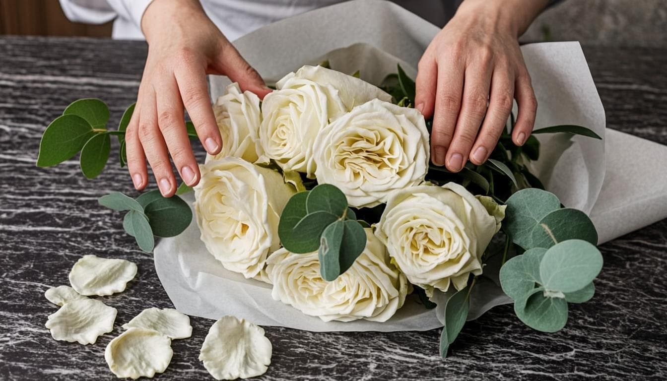 Close-up of a wrapped rose bouquet being prepared by a florist in Dubai