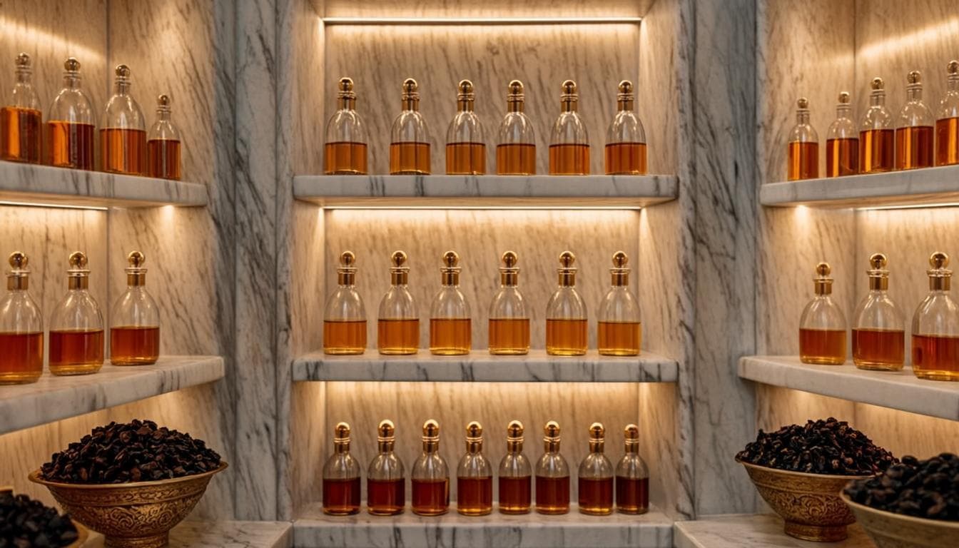 Interior of a luxury Dubai perfume boutique with gold shelving, attar bottles and a fragrance counter