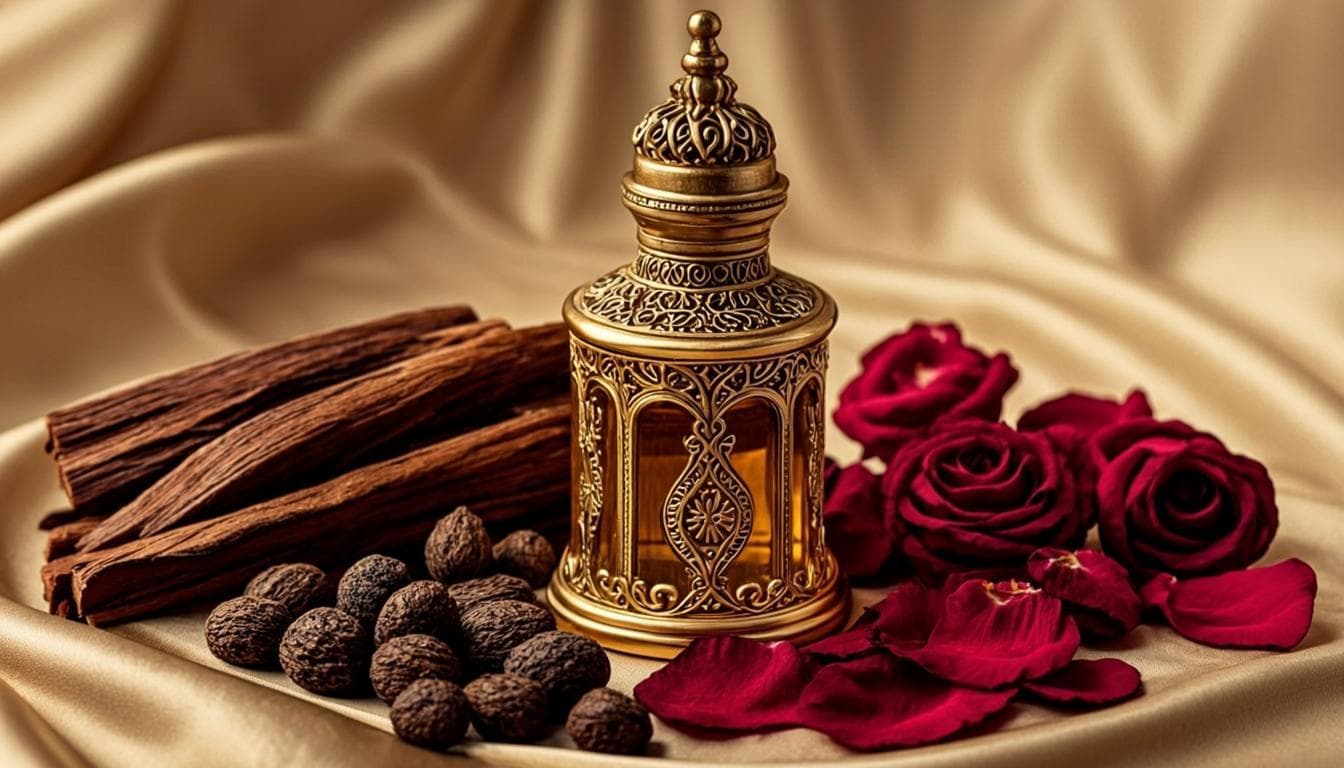 Macro photograph of dark oud chips and golden oud oil in a glass vial