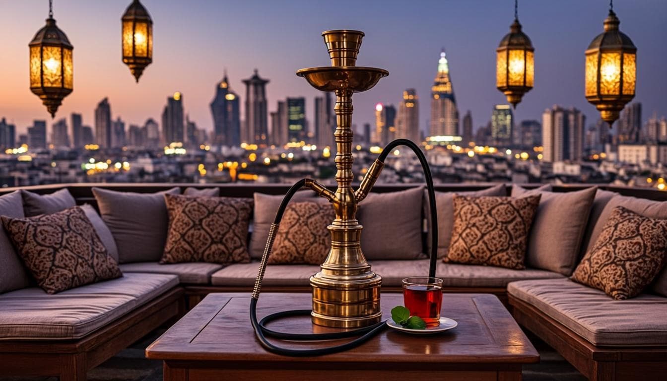 Shisha lounge terrace in Dubai at dusk with lanterns lit above Arabic majlis seating