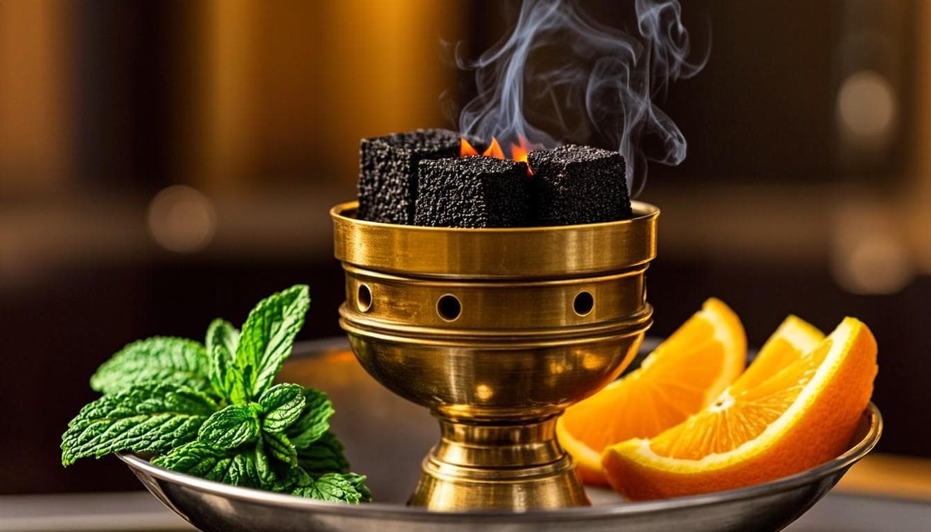 Close-up of a prepared hookah on a Dubai lounge table with coals glowing in the evening light