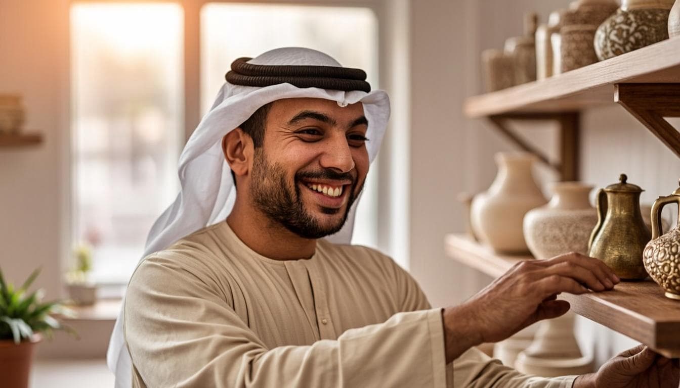Small business owner standing at the counter of her Dubai shop, reviewing the day’s orders